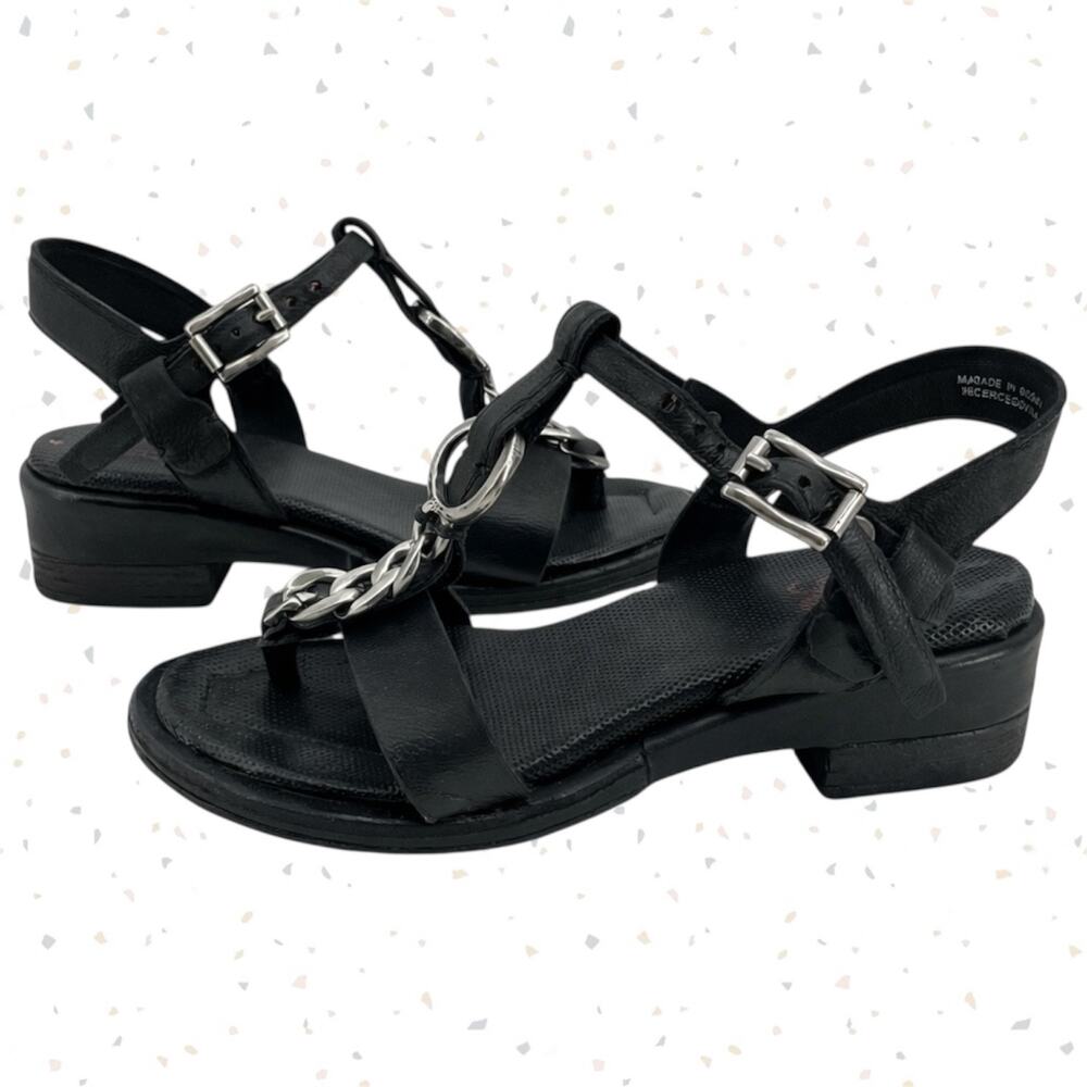 A.S.98 Black Leather Silver Chains Strappy Heeled Sandals Edgy Boho Size 39 - Picture 2 of 11